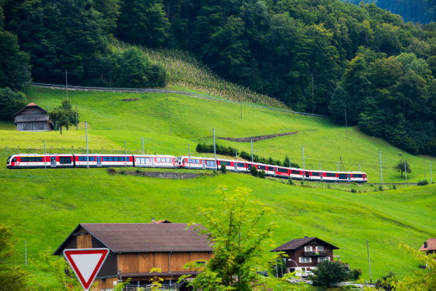 Lungern,Switzerland- August 23 ,2018: Mountain and Lucerne lake and railroad in Switzerland.Lungern village, Switzerland