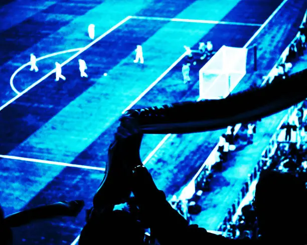 Photo of Football fans cheer their soccer team score goal with flags, banners and scarfs at the stadium. Deep blue toned view