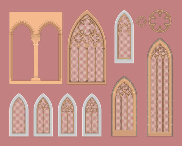 Gothic windows in central Europe Medieval windows with a different decoration. turret arch stock illustrations