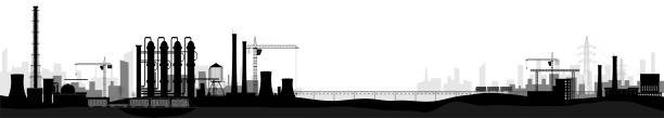 illustrations, cliparts, dessins animés et icônes de paysage industriel ou à l’usine. vue large horizontale. image noir et blanc. - skyscraper skyline built structure business