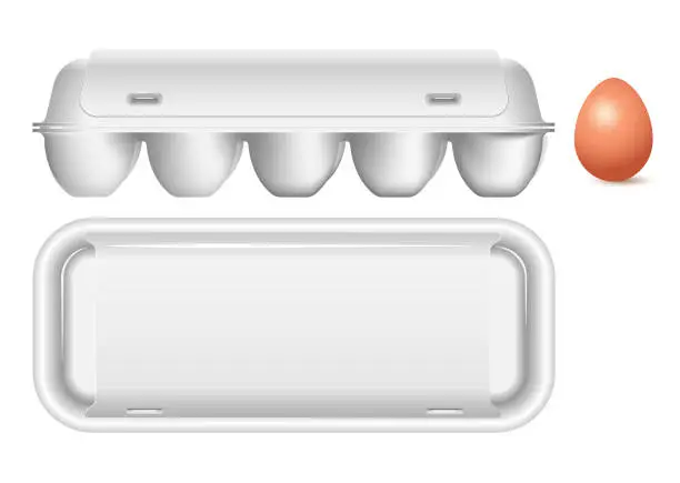 Vector illustration of Plastic white packaging for eggs. Side view and top view.