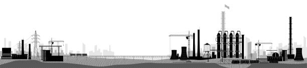 산업 또는 공장 풍경입니다. 가로 넓은 볼 수 있습니다. 흑인과 백인 이미지입니다. - gasoline factory station chimney stock illustrations