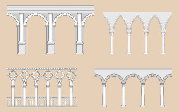 Arcades: Roman, Gothic, Venetian, Renaissance Seamless arcades in different historical styles. colonnade stock illustrations