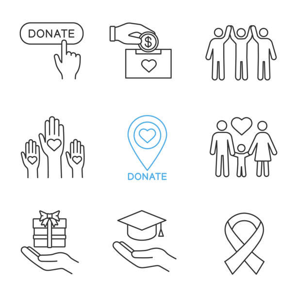 Charity icons Charity linear vector icons. Thin line. Donate button, fundraising, charity organization location, family, gift, free education, anti HIV ribbon racism icon stock illustrations