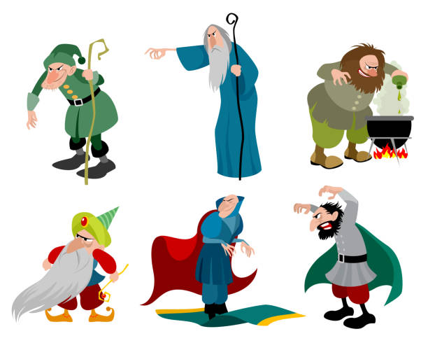 ilustraciones, imágenes clip art, dibujos animados e iconos de stock de conjunto de seis hechiceros malvados - white background ancient old senior men