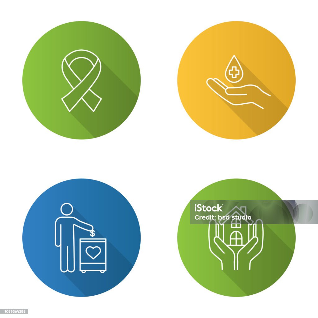 Charity icons Charity flat linear vector icons set. Fundraising, anti HIV ribbon, blood donation, shelter for homeless A Helping Hand stock vector