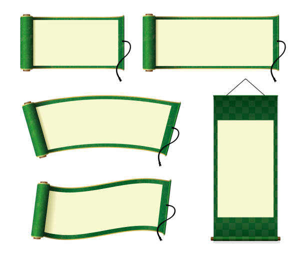 ilustrações, clipart, desenhos animados e ícones de japonês rolagem papel / ilustração de rolagem de suspensão set (verde) - museum of arts and traditions