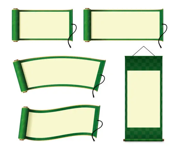 Vector illustration of Japanese scroll paper / hanging scroll illustration set (green)