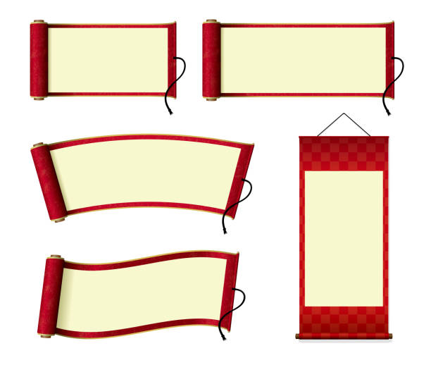 ilustrações, clipart, desenhos animados e ícones de japonês rolagem papel / ilustração de rolagem de suspensão set (vermelho) - museum of arts and traditions