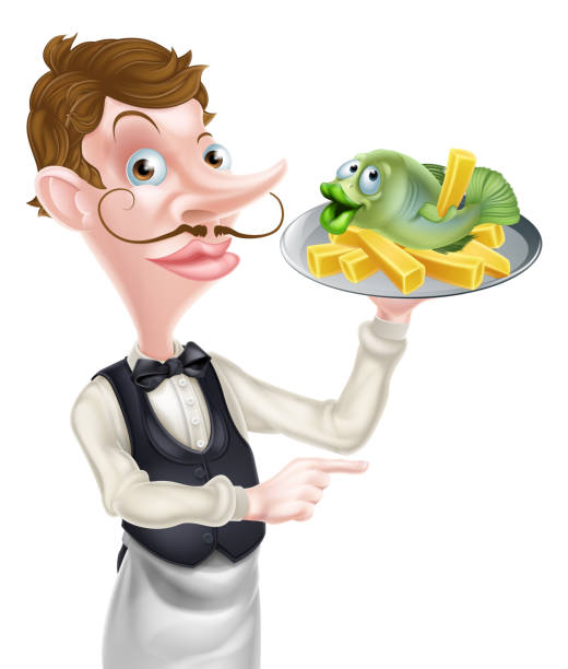 Cartoon Waiter Butler Holding Fish And Chips Stock Illustration - Download  Image Now - Adult, Adults Only, Bass - Fish - iStock