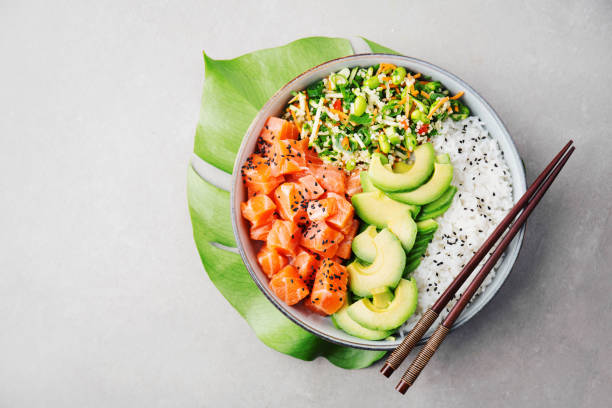 istock Poke bowl with salmon served in bowl 1089374128