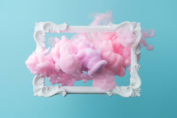 istock White vintage frame on pastel blue background with abstract pink cloud shapes. 1089377094