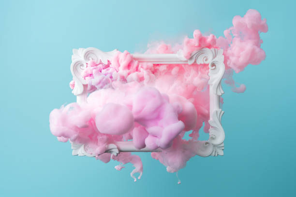 White vintage frame on pastel blue background with abstract pink cloud shapes.