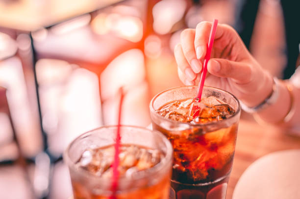 istock Two glass soft drink with ice in restaurant background 1089382236