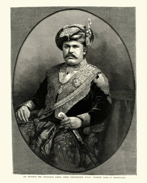 Maharaja Rawul Shree Takhtsingjee, Thakore Sahib Of Bhownugger Vintage engraving of Maharaja Rawul Shree Takhtsingjee, Thakore Sahib Of Bhownugger.  The Graphic 1884 maharadja stock illustrations