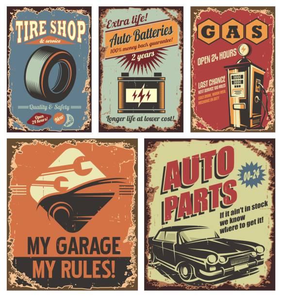 ilustrações de stock, clip art, desenhos animados e ícones de vintage car service tin signs and posters - rusty metal backgrounds retro revival