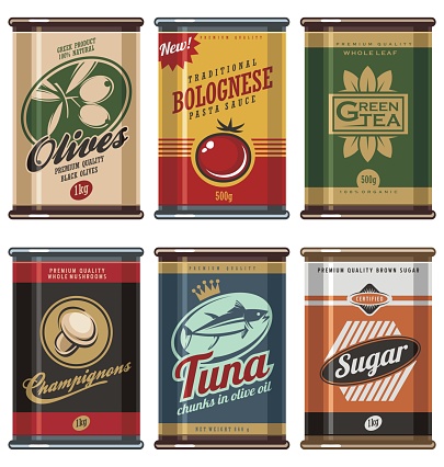 Retro food cans design template creative concept. Vintage food can vector collection. No gradients, no transparencies, no drop shadow effects, only fill colors.