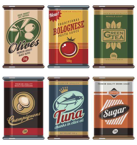 Retro food cans design template creative concept Retro food cans design template creative concept. Vintage food can vector collection. No gradients, no transparencies, no drop shadow effects, only fill colors. 1940s style stock illustrations