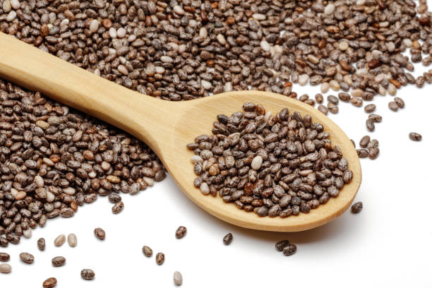 istock Chia seeds and wooden spoon on white background 1089390632