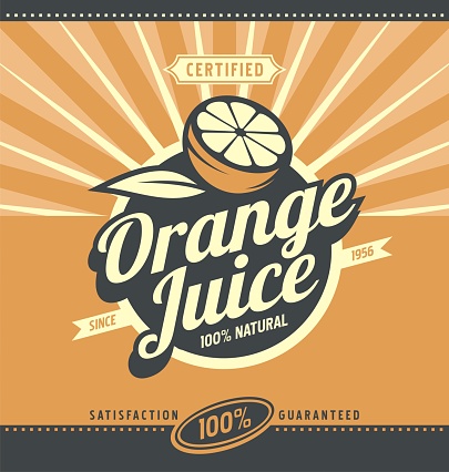 Orange juice retro ad concept. Vintage fresh drink graphic design poster. Fruit and leaf.