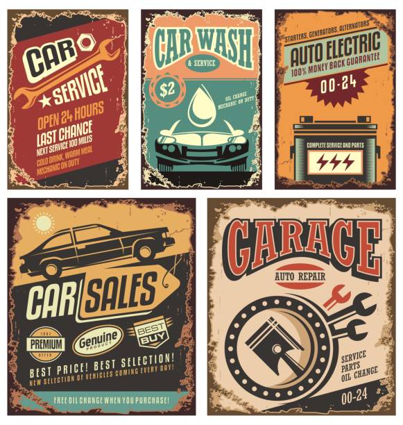 빈티지 자동차 서비스 금속 징후 및 포스터 벡터 - car backgrounds battery service stock illustrations