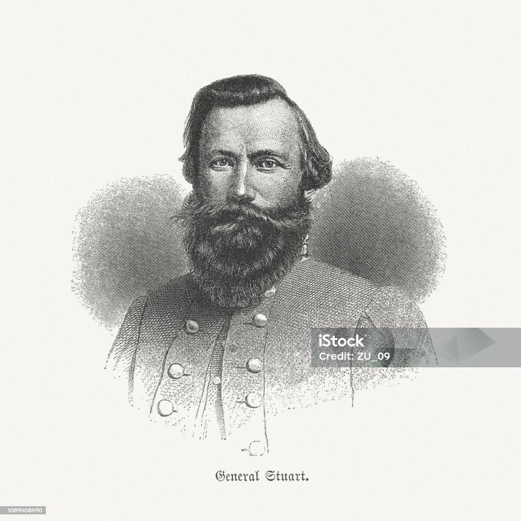 General Stuart (1833-1864), General of the Confederate Army, published 1886 James Ewell Brown "Jeb" Stuart (1833 - 1864) was an officer of the US Army until 1861 and then General of the Confederate Army in the American Civil War. Wood engraving, published in 1886. General - Military Rank stock illustration