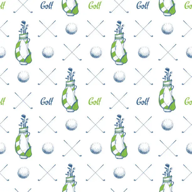 Vector illustration of Seamless golf pattern with balls and bags. Vector set of hand-drawn sports equipment. Illustration in sketch style on white background.