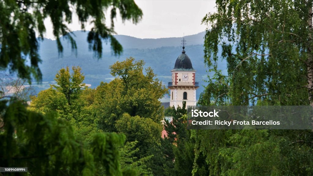 Church in Bojnice Church behind vegetation in Bojnice, Slovakia. Architecture Stock Photo