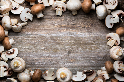 Mushrooms on wooden background - copy space