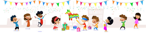 Happy group of cartoon children having fun at birthday party vector art illustration