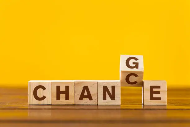 Wooden cube with word "Change & Chance" concept on yellow background