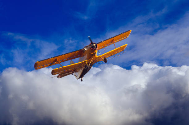 istock Yellow propeller airplane with double wings flying 1089417748