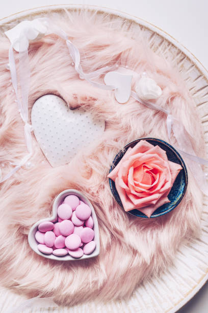 istock Valentine's Day flat lay: rose flower and heart shaped candy box 1089419466