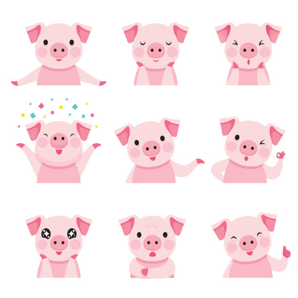 豚の顔文字アイコンを設定、ブタの年 - animal wink点のイラスト素材／クリップアート素材／マンガ素材／アイコン素材