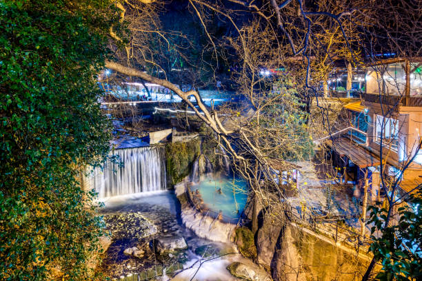 loutra pozar thermal baths and hot springs in nature in loutraki near edessa, macedonia, greece - waterfall health spa man made landscape imagens e fotografias de stock