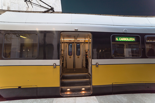 DALLAS, TX, US-NOV 23, 2018: Light rail and commuter rail at Downtown Station. Dallas Area Rapid Transit (DART) is a transit agency serving the Dallas-Fort Worth metropolitan area