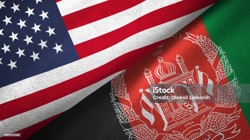 Afghanistan and United States two flags together realations textile cloth fabric texture Afghanistan and United States flags together realtions textile cloth fabric texture Afghanistan Stock Photo