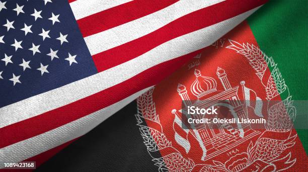 Afghanistan And United States Two Flags Together Realations Textile Cloth Fabric Texture Stock Photo - Download Image Now