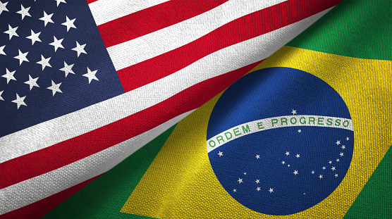 Brazil and United States flags together realtions textile cloth fabric texture