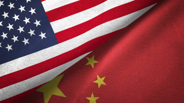 china and united states two flags together realations textile cloth fabric texture - chinese flag imagens e fotografias de stock