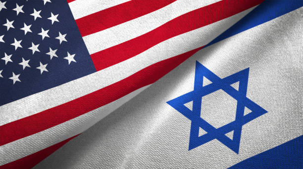 istock Israel and United States two flags together realations textile cloth fabric texture 1089423612