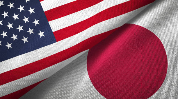 japan and united states two flags together realations textile cloth fabric texture - flag national flag japan japanese flag imagens e fotografias de stock