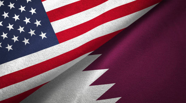 Qatar and United States two flags together realations textile cloth fabric texture Qatar and United States flags together realtions textile cloth fabric texture qatar photos stock pictures, royalty-free photos & images