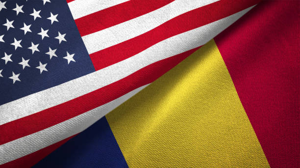 istock Romania and United States two flags together realations textile cloth fabric texture 1089424952
