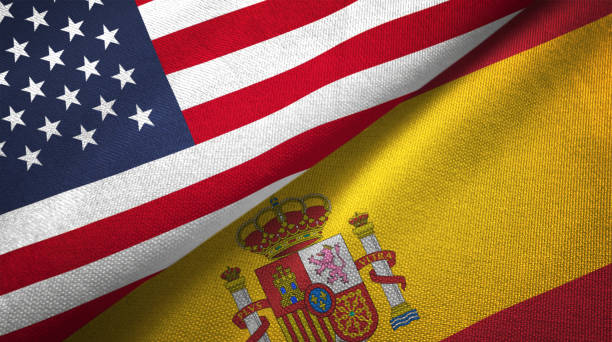 istock Spain and United States two flags together realations textile cloth fabric texture 1089425064