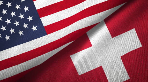 Switzerland and United States two flags together realations textile cloth fabric texture Switzerland and United States flags together realtions textile cloth fabric texture swiss culture photos stock pictures, royalty-free photos & images