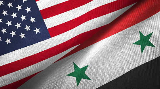 Syria Syrian Arab Republic and United States flags together realtions textile cloth fabric texture