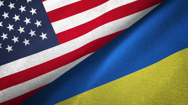 Ukraine and United States two flags together realations textile cloth fabric texture Ukraine and United States flags together realtions textile cloth fabric texture ukrainian flag stock pictures, royalty-free photos & images