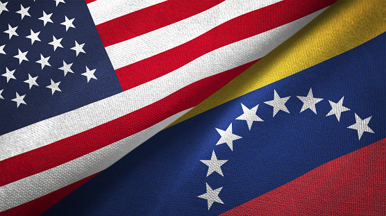 Venezuela and United States flags together realtions textile cloth fabric texture