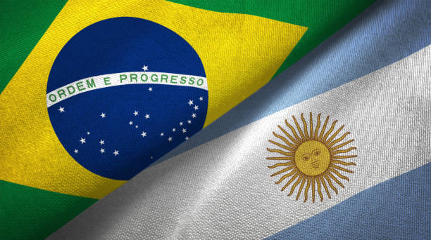 argentina and brazil two flags together realations textile cloth fabric texture - argentina imagens e fotografias de stock